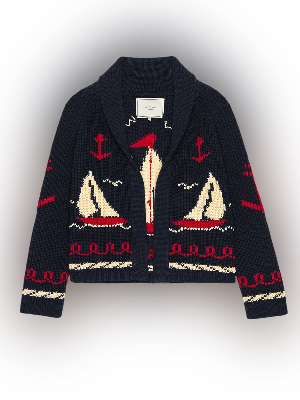 THE GREAT. Navy Cardigan with Cream and Red Sailboat Intarsia lodge